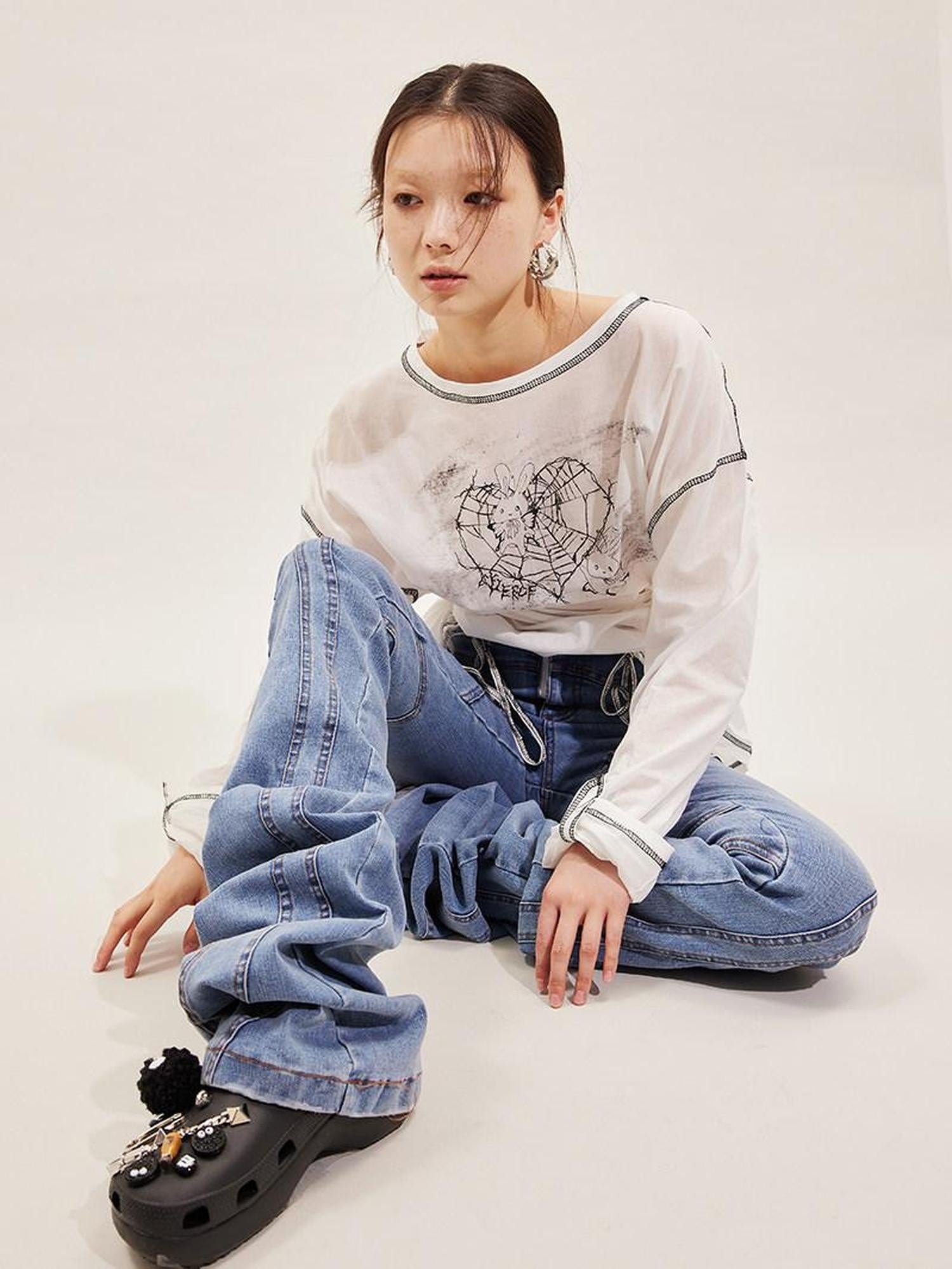 CFIERCE Pure Cotton Cartoon Print Pleated Loose Fit Streetwear Pullover Unisex White