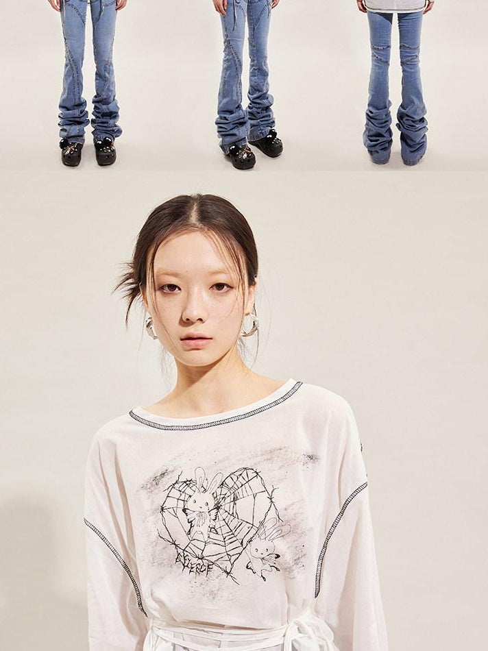 CFIERCE Pure Cotton Cartoon Print Pleated Loose Fit Streetwear Pullover Unisex White