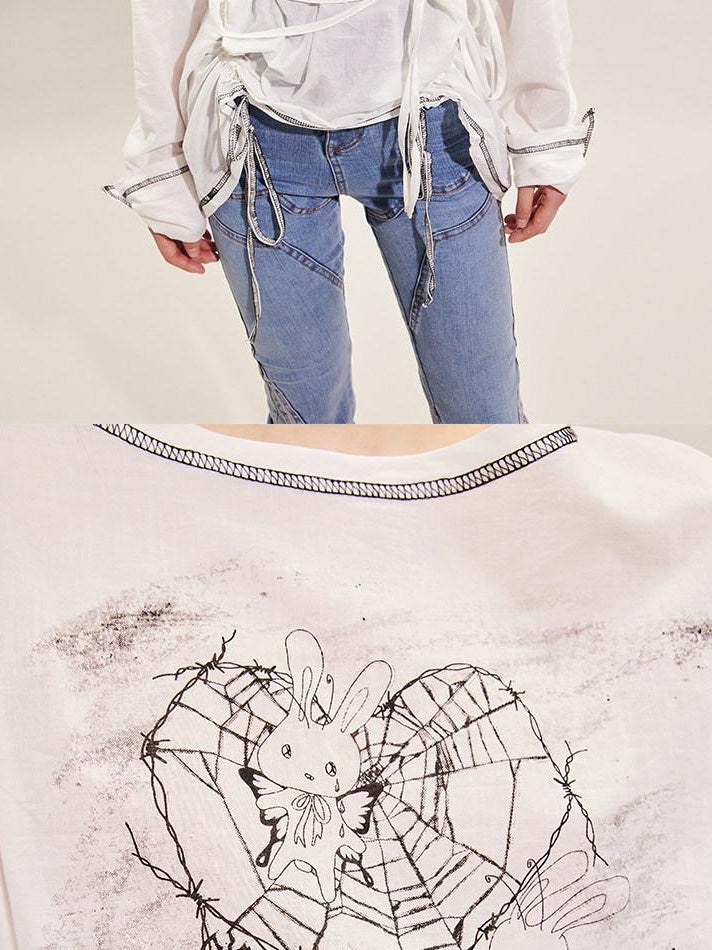 CFIERCE Pure Cotton Cartoon Print Pleated Loose Fit Streetwear Pullover Unisex White