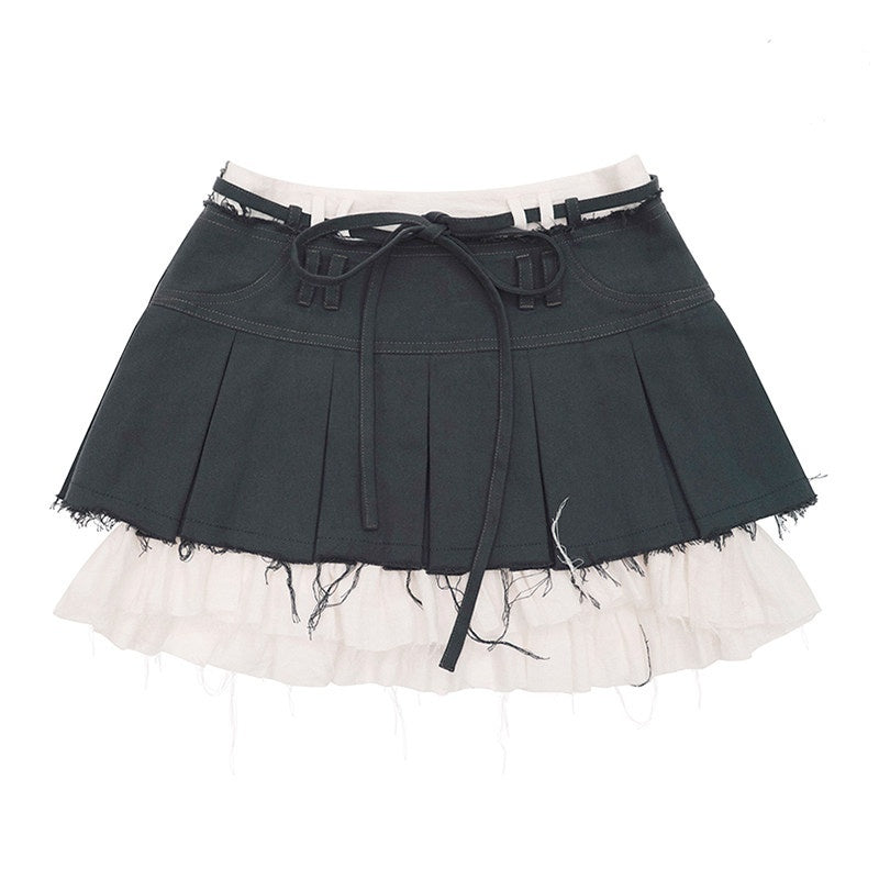 CFIERCE_Pure_Cotton_Casual_Patchwork_Slim_Mid_Waist_Women_Grey_Pleated_Skirt_MISSTT