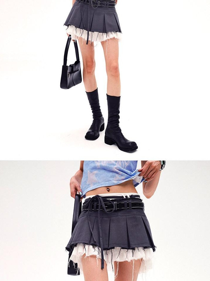 CFIERCE Pure Cotton Casual Patchwork Slim Mid Waist Women Grey Pleated Skirt