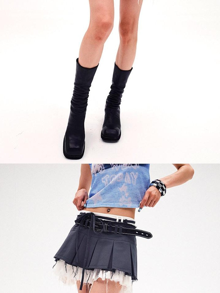 CFIERCE Pure Cotton Casual Patchwork Slim Mid Waist Women Grey Pleated Skirt