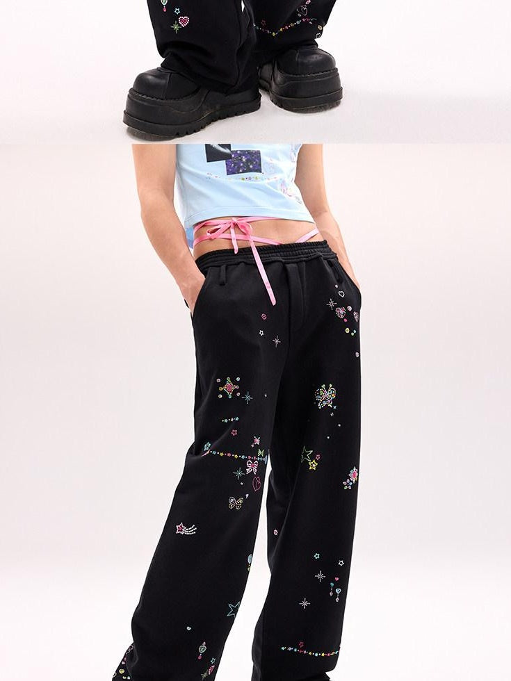 CFIERCE Rhinestone 100 Percent Cotton Loose Straight Streetwear Natural Waist Women