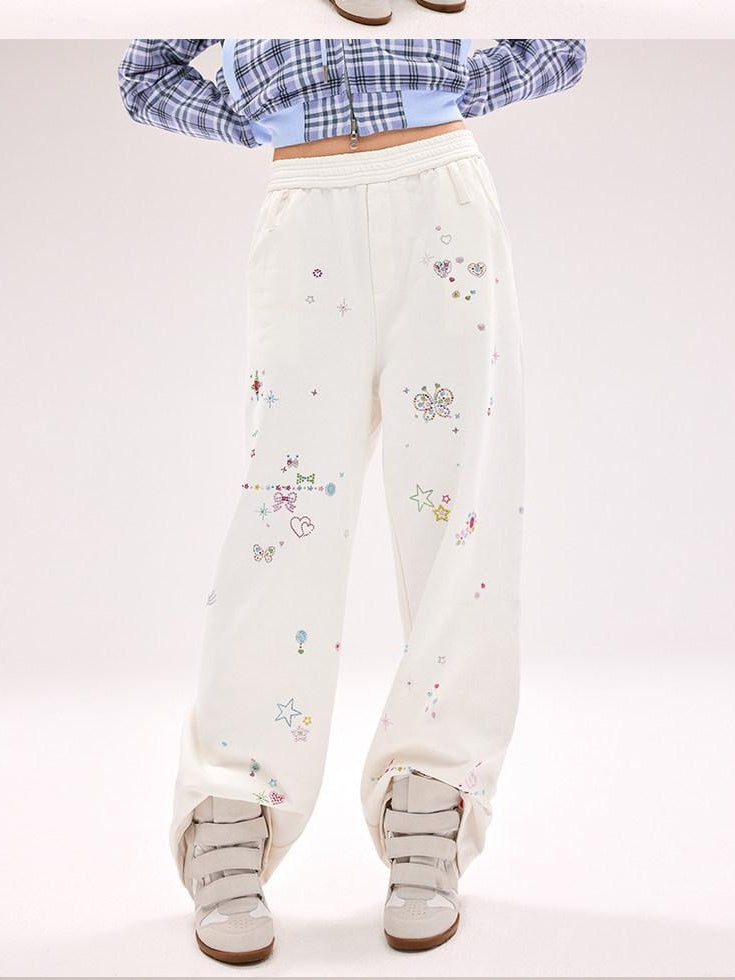 CFIERCE Rhinestone 100 Percent Cotton Loose Straight Streetwear Natural Waist Women
