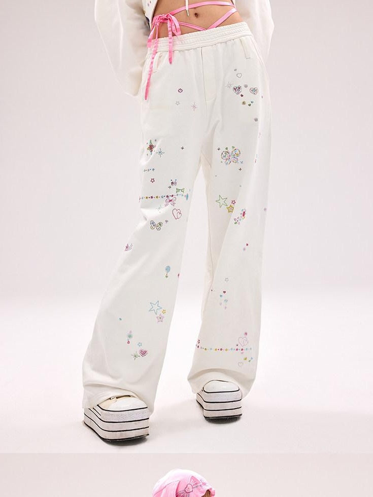 CFIERCE Rhinestone 100 Percent Cotton Loose Straight Streetwear Natural Waist Women