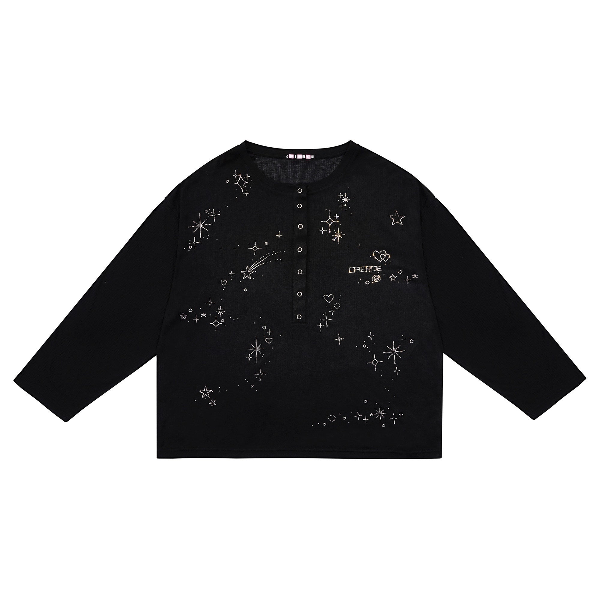 CFIERCE_Rhinestone_Casual_Loose_Fit_Crewneck_Cardigan_Unisex_Black_Cotton_Blend_MISSTT