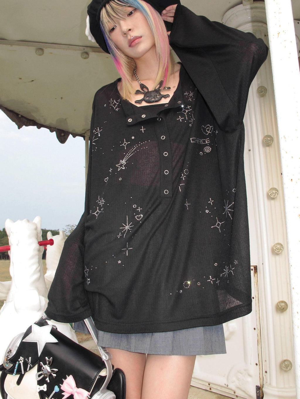 CFIERCE Rhinestone Casual Loose Fit Crewneck Cardigan Unisex Black Cotton Blend
