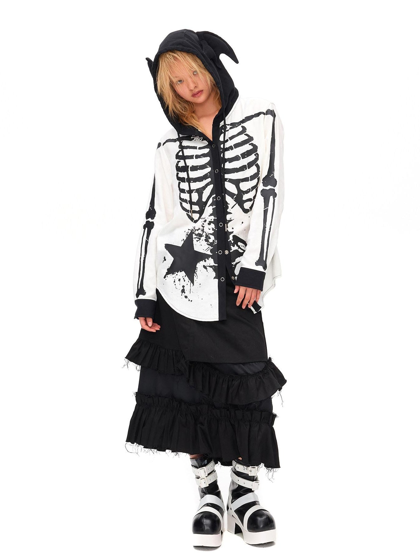 CFIERCE Skull Print 100% Cotton Loose Fit Dark Gothic Unisex Hooded Long Sleeve Shirt