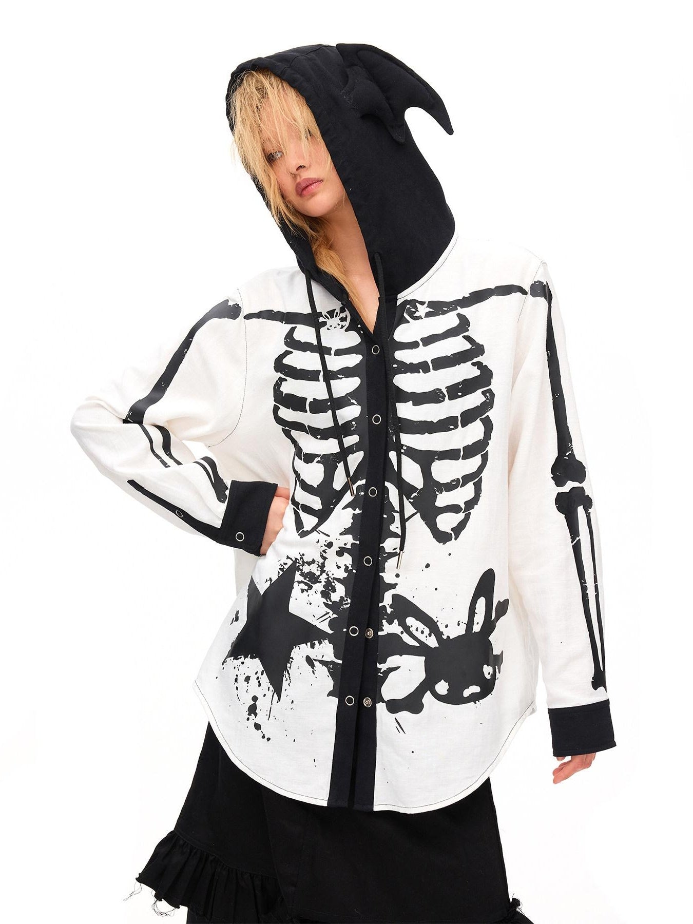 CFIERCE Skull Print 100% Cotton Loose Fit Dark Gothic Unisex Hooded Long Sleeve Shirt