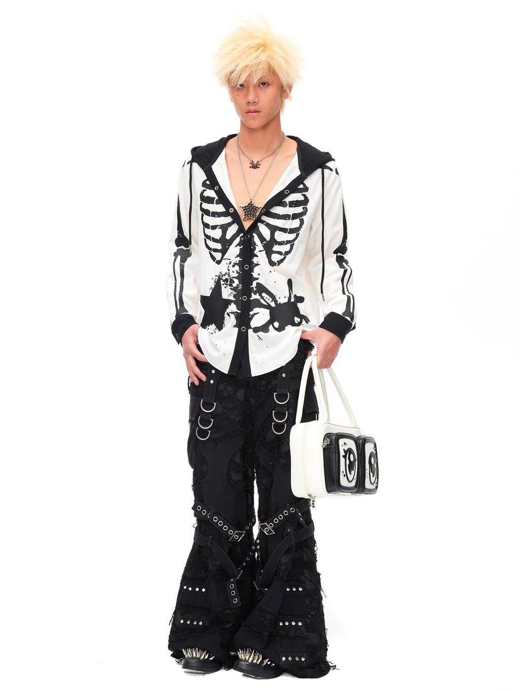 CFIERCE Skull Print 100% Cotton Loose Fit Dark Gothic Unisex Hooded Long Sleeve Shirt