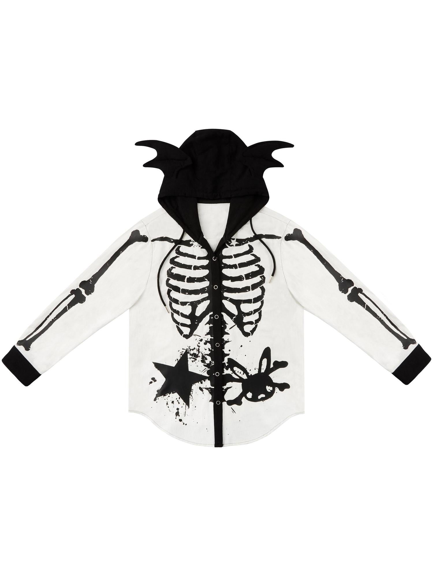 CFIERCE Skull Print 100% Cotton Loose Fit Dark Gothic Unisex Hooded Long Sleeve Shirt