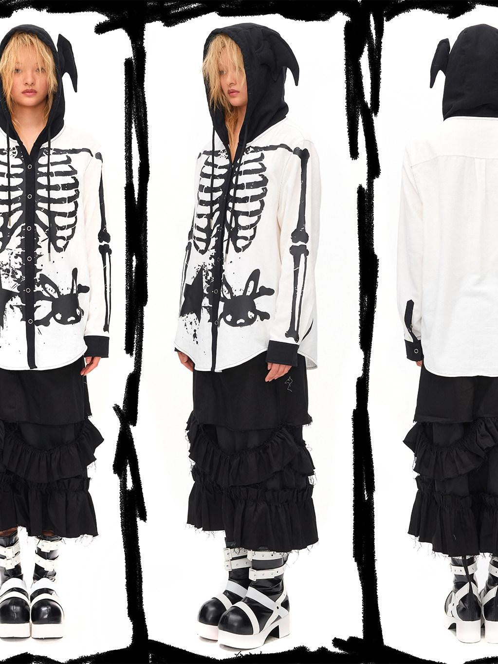 CFIERCE Skull Print 100% Cotton Loose Fit Dark Gothic Unisex Hooded Long Sleeve Shirt