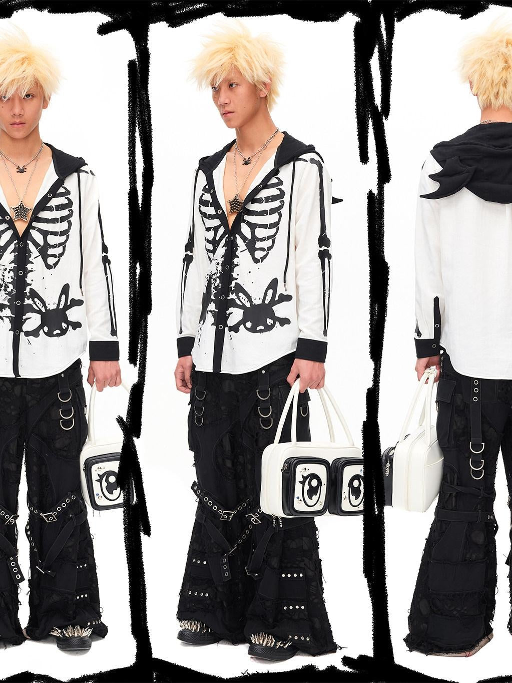 CFIERCE Skull Print 100% Cotton Loose Fit Dark Gothic Unisex Hooded Long Sleeve Shirt
