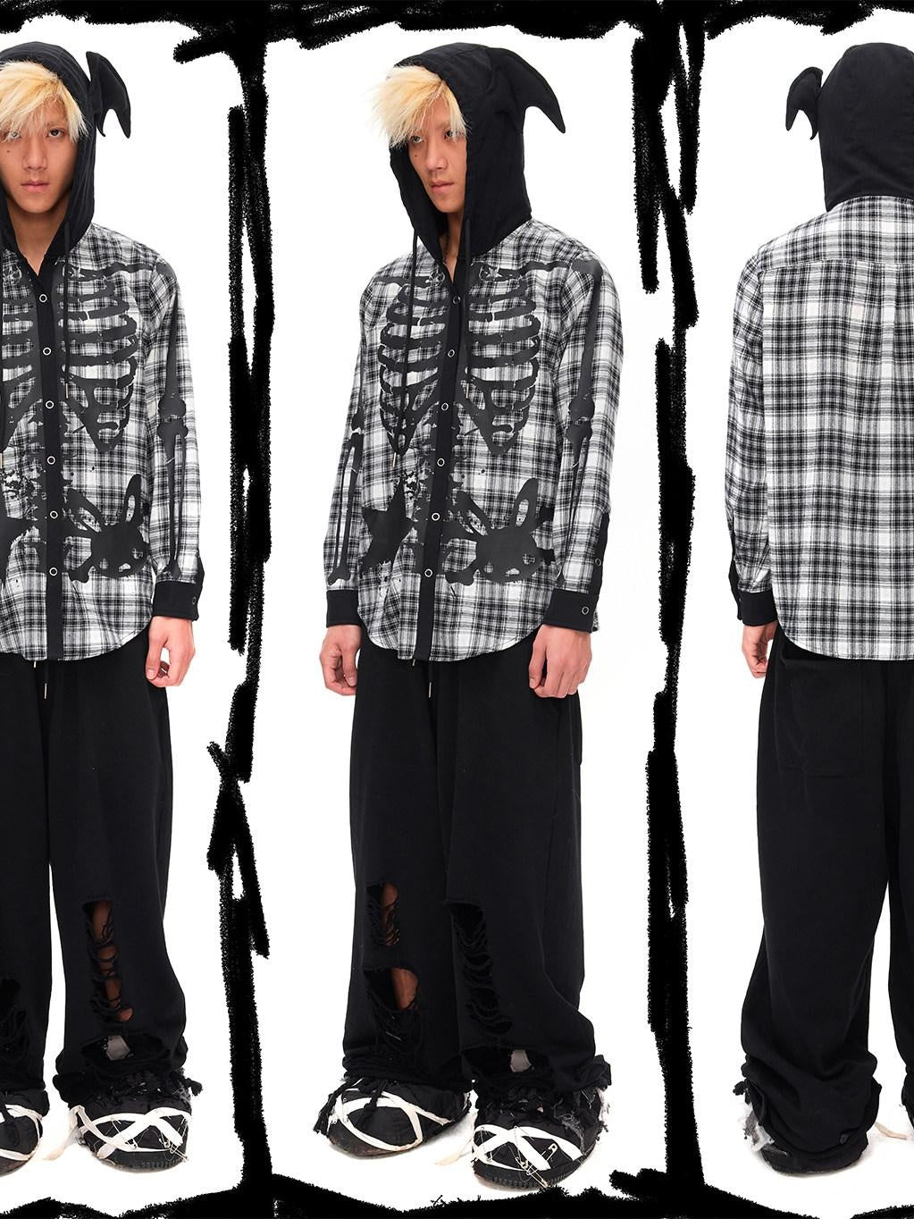CFIERCE Skull Print 100% Cotton Loose Fit Dark Gothic Unisex Hooded Long Sleeve Shirt