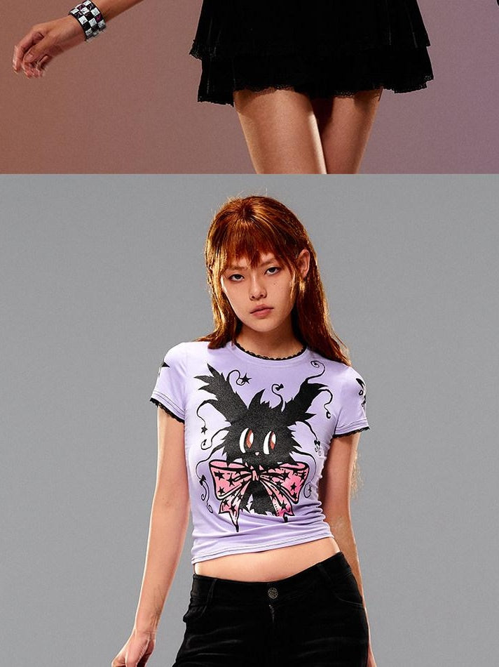 CFIERCE Slim Casual Linen Cropped Printed Butterfly Bow Animal Print Women Pullover