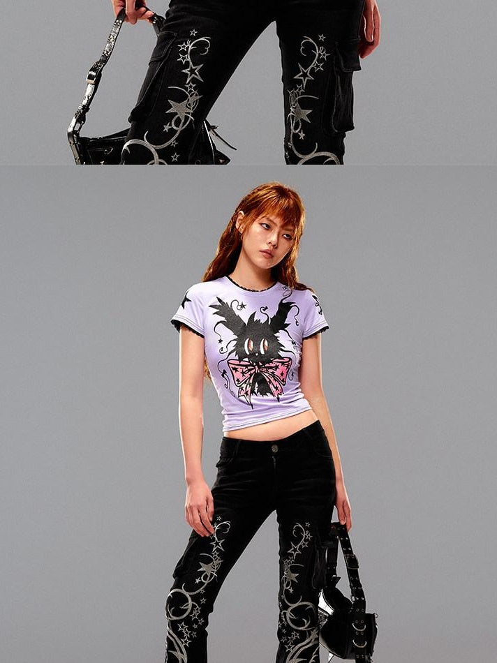 CFIERCE Slim Casual Linen Cropped Printed Butterfly Bow Animal Print Women Pullover
