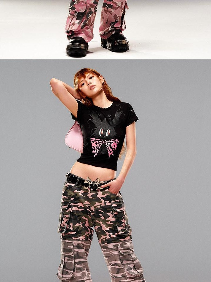 CFIERCE Slim Casual Linen Cropped Printed Butterfly Bow Animal Print Women Pullover