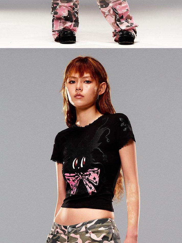 CFIERCE Slim Casual Linen Cropped Printed Butterfly Bow Animal Print Women Pullover