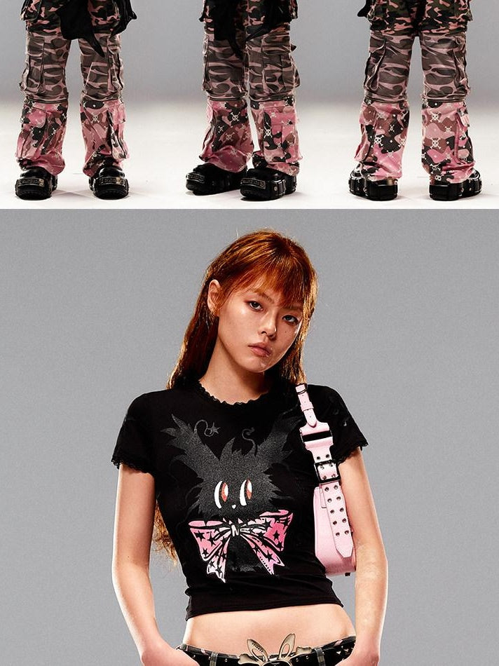 CFIERCE Slim Casual Linen Cropped Printed Butterfly Bow Animal Print Women Pullover