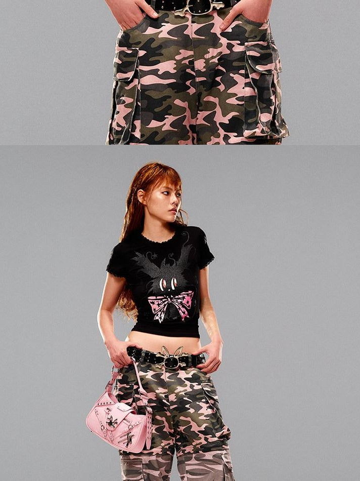 CFIERCE Slim Casual Linen Cropped Printed Butterfly Bow Animal Print Women Pullover