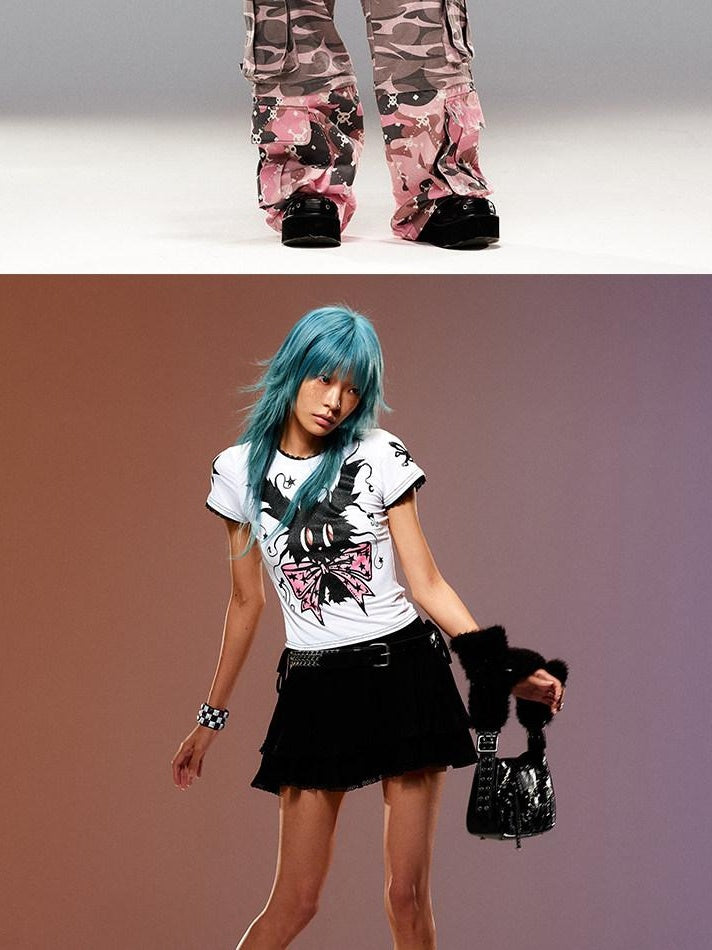 CFIERCE Slim Casual Linen Cropped Printed Butterfly Bow Animal Print Women Pullover