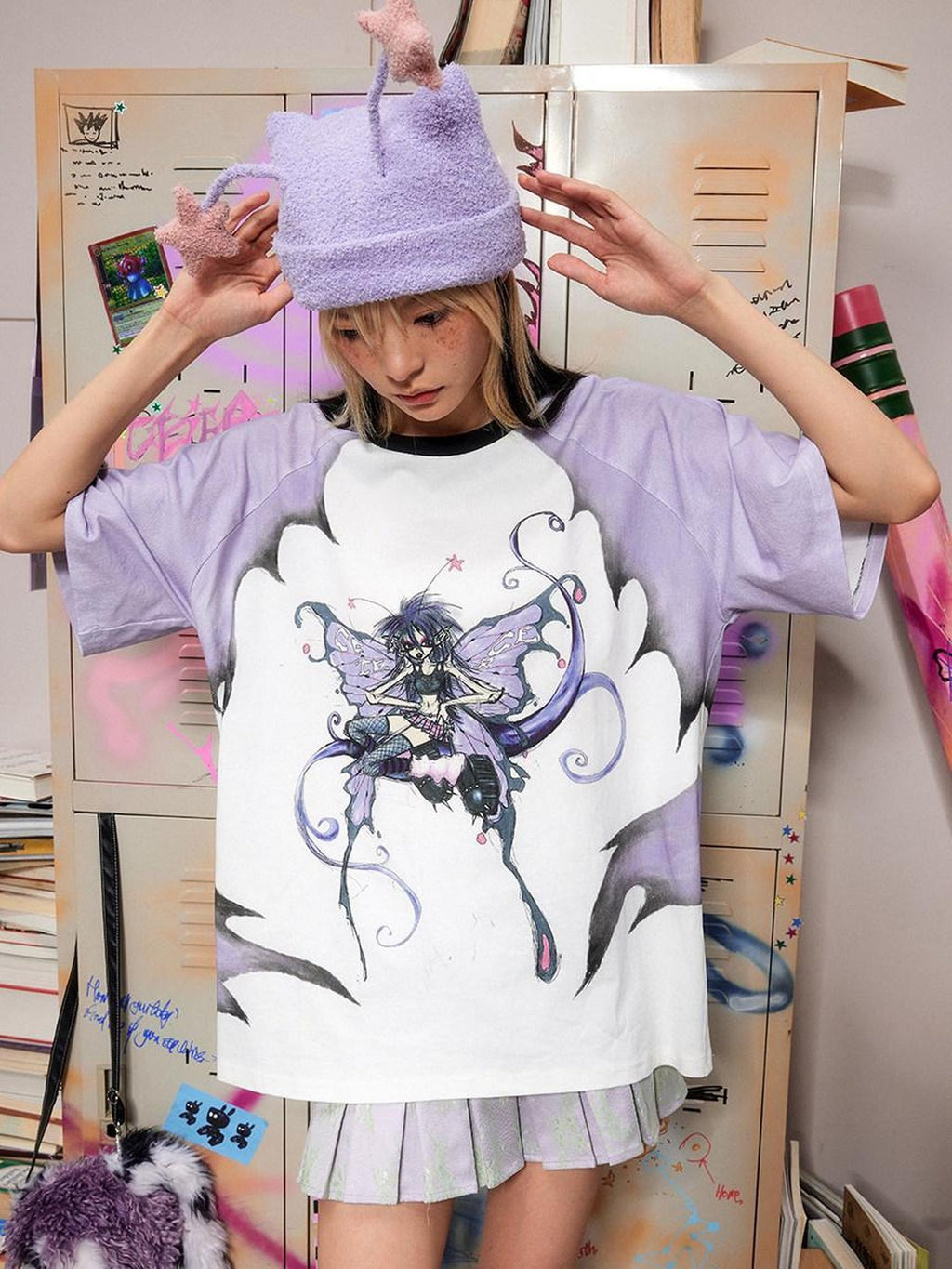 CFIERCE Soft 100% Cotton Loose Fit Commuter Printed Unisex Cartoon Grey Purple T Shirt