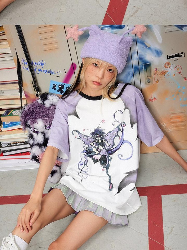 CFIERCE Soft 100% Cotton Loose Fit Commuter Printed Unisex Cartoon Grey Purple T Shirt