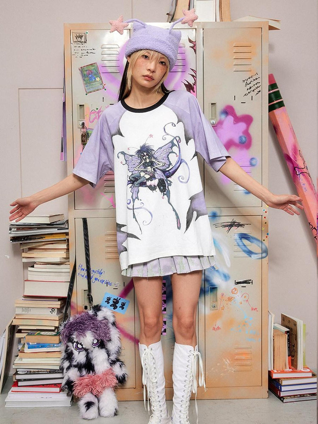 CFIERCE Soft 100% Cotton Loose Fit Commuter Printed Unisex Cartoon Grey Purple T Shirt
