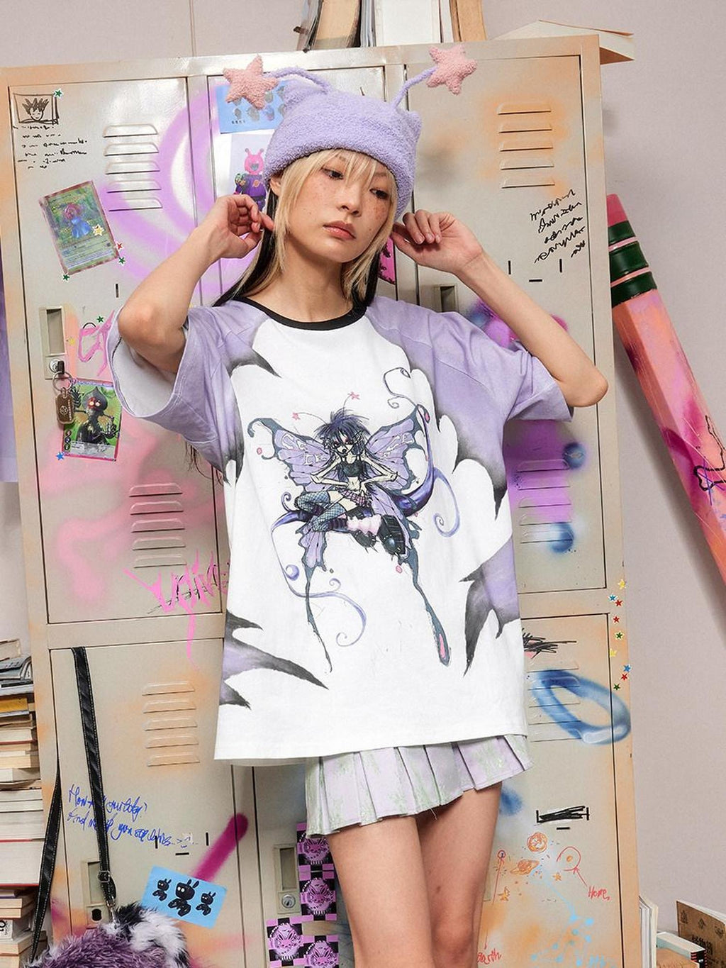 CFIERCE Soft 100% Cotton Loose Fit Commuter Printed Unisex Cartoon Grey Purple T Shirt