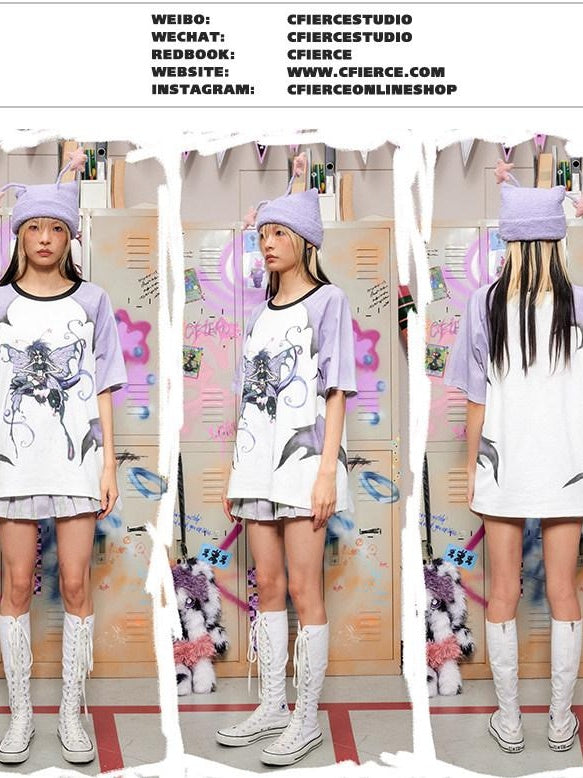 CFIERCE Soft 100% Cotton Loose Fit Commuter Printed Unisex Cartoon Grey Purple T Shirt