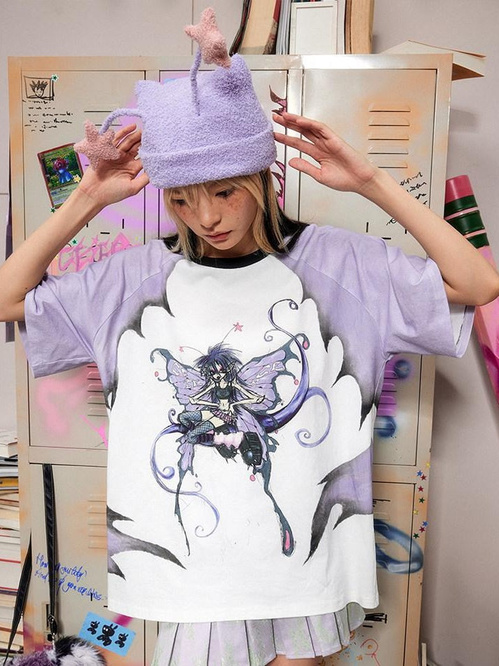 CFIERCE Soft 100% Cotton Loose Fit Commuter Printed Unisex Cartoon Grey Purple T Shirt
