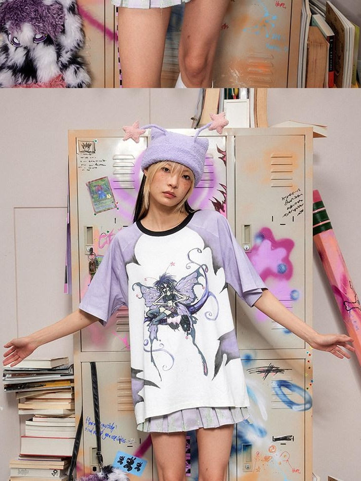 CFIERCE Soft 100% Cotton Loose Fit Commuter Printed Unisex Cartoon Grey Purple T Shirt