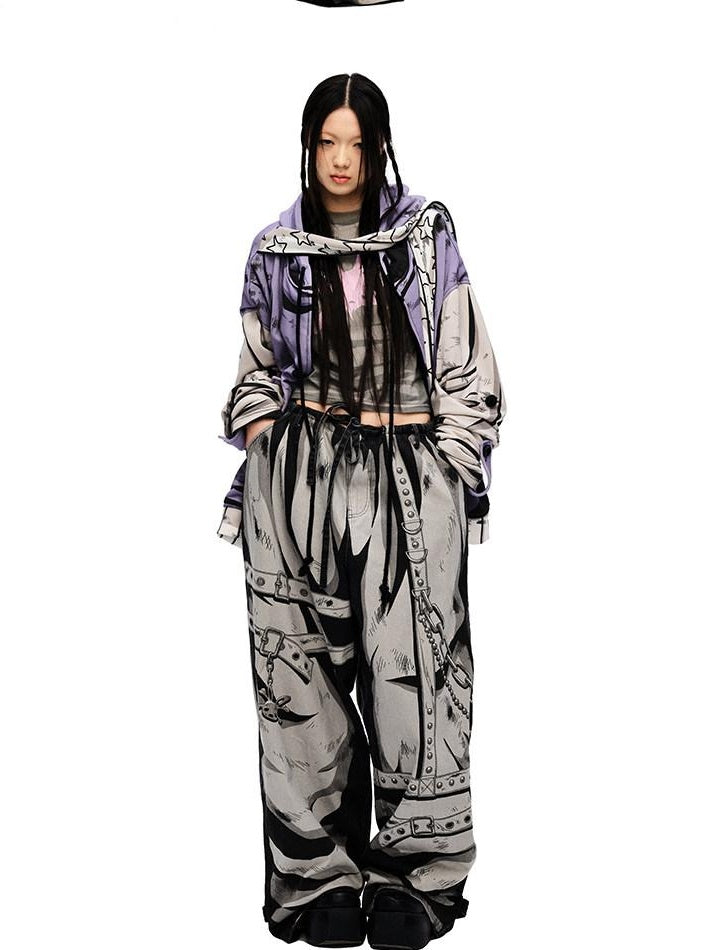 CFIERCE Soft 100% Cotton Printed Wide Leg Casual Natural Waist Youth Unisex Pants