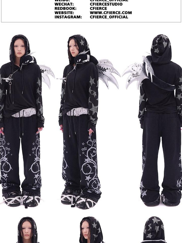 CFIERCE Soft 100 Percent Cotton Embroidered Street Loose Fit Black Casual Pants