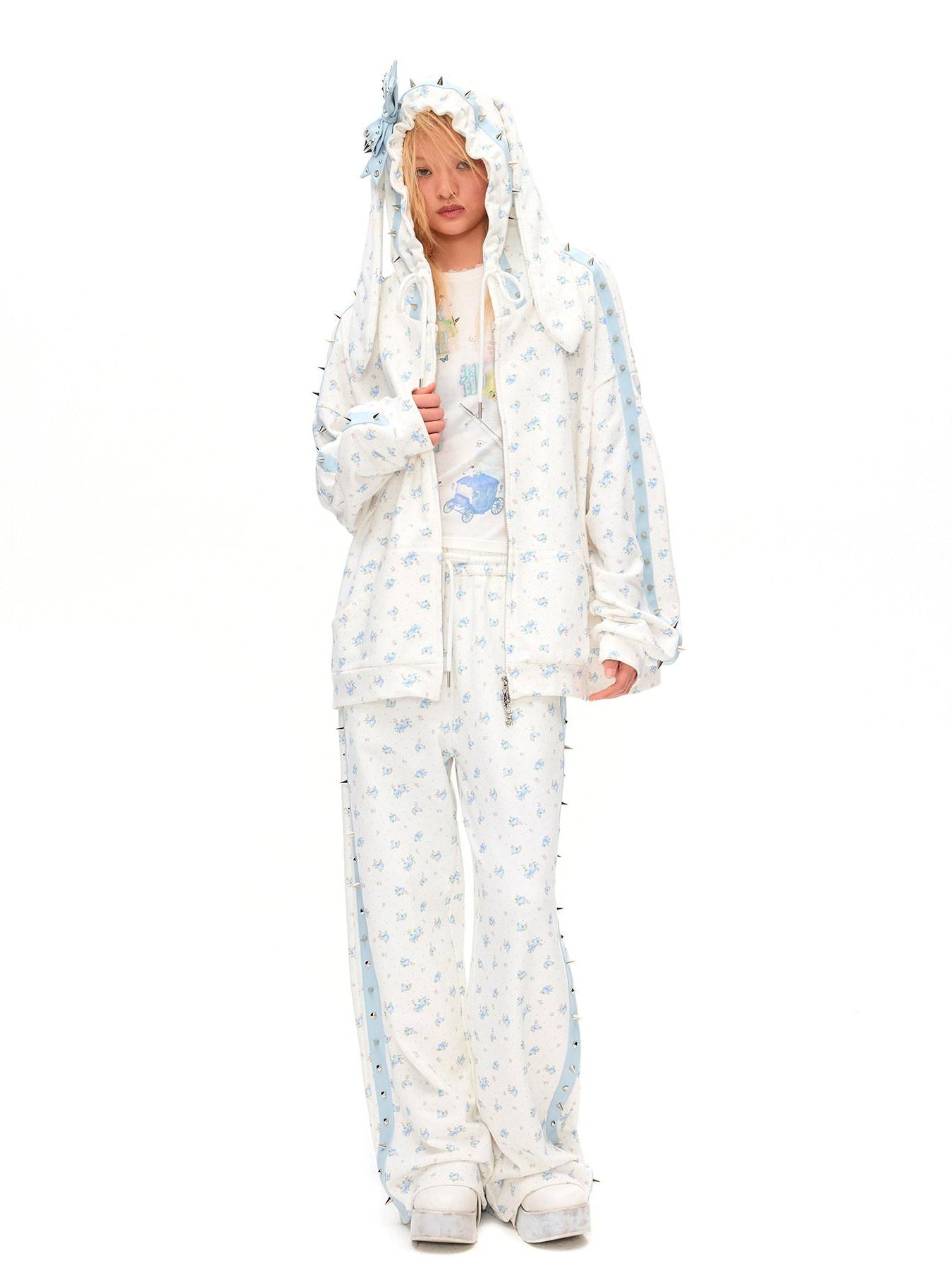 CFIERCE Soft 100 Percent Cotton Floral Loose Fit Hooded Zipper Unisex Pullover