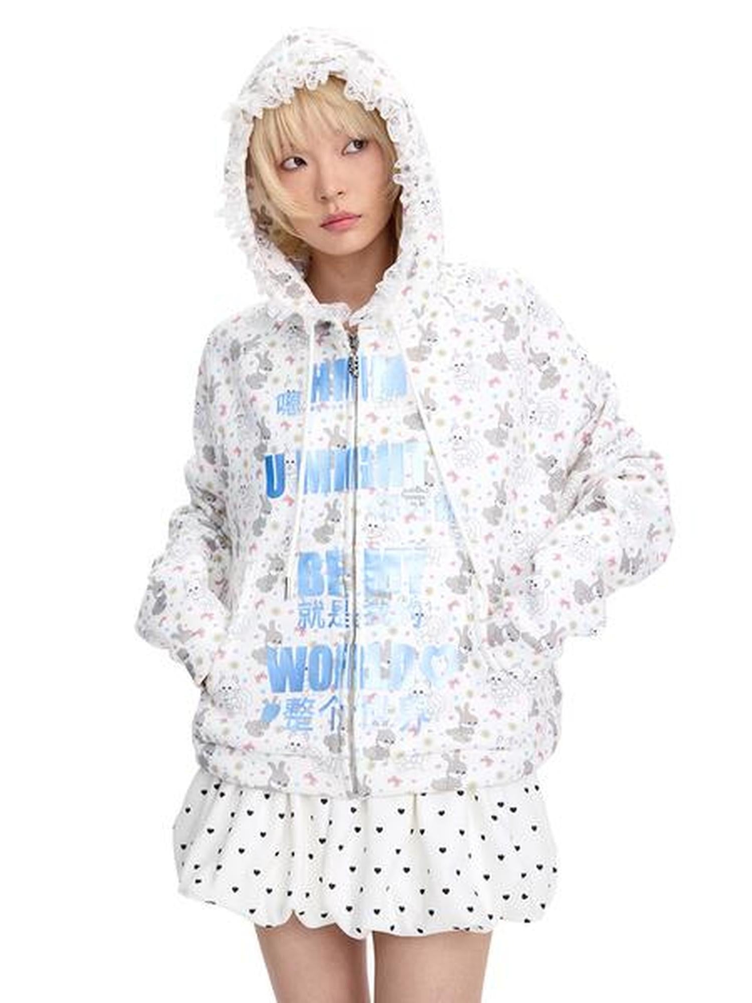 CFIERCE Soft Cotton Blend Hooded Cartoon Zip Oversized Streetwear Unisex Teen Cardigan