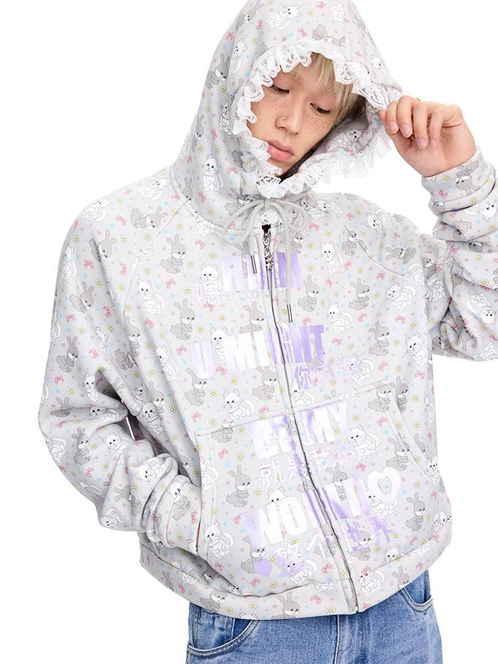CFIERCE Soft Cotton Blend Hooded Cartoon Zip Oversized Streetwear Unisex Teen Cardigan