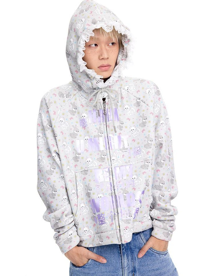 CFIERCE Soft Cotton Blend Hooded Cartoon Zip Oversized Streetwear Unisex Teen Cardigan