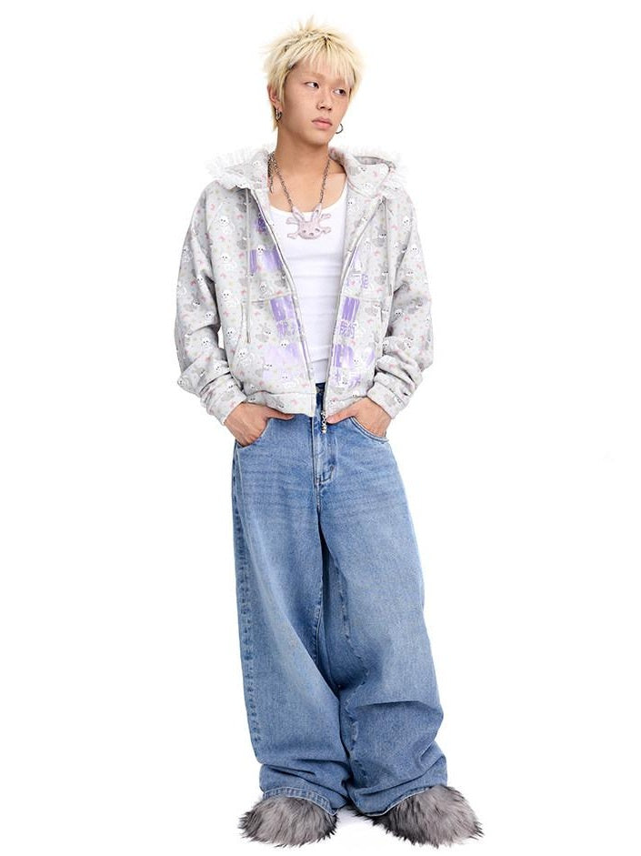 CFIERCE Soft Cotton Blend Hooded Cartoon Zip Oversized Streetwear Unisex Teen Cardigan