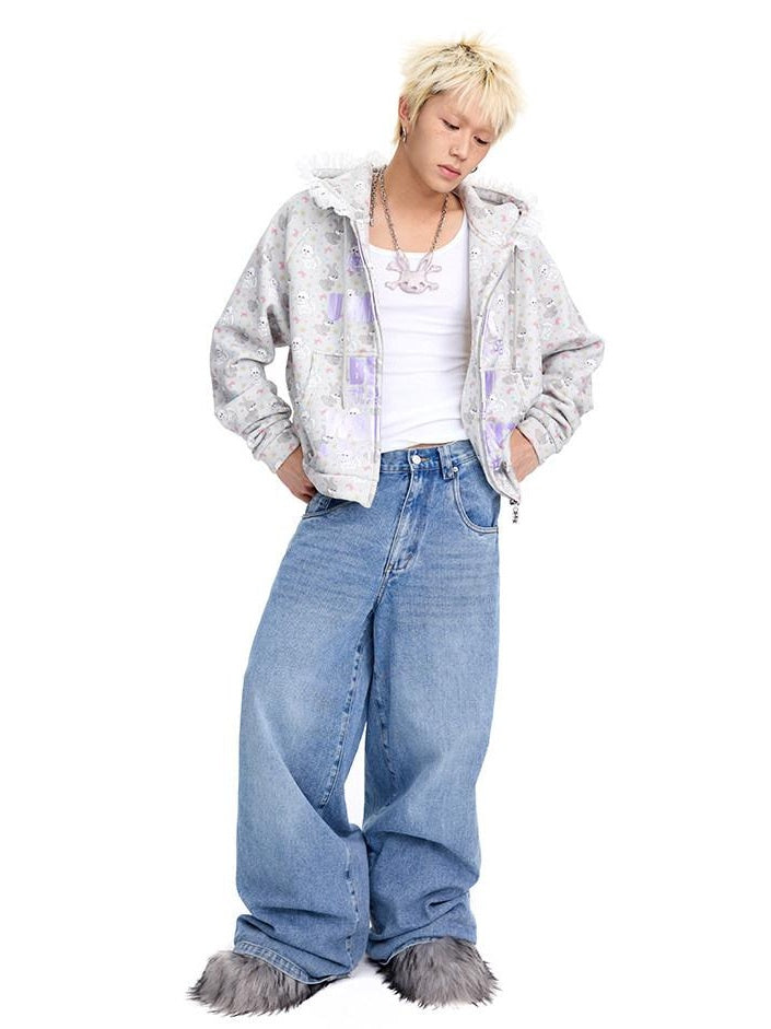 CFIERCE Soft Cotton Blend Hooded Cartoon Zip Oversized Streetwear Unisex Teen Cardigan