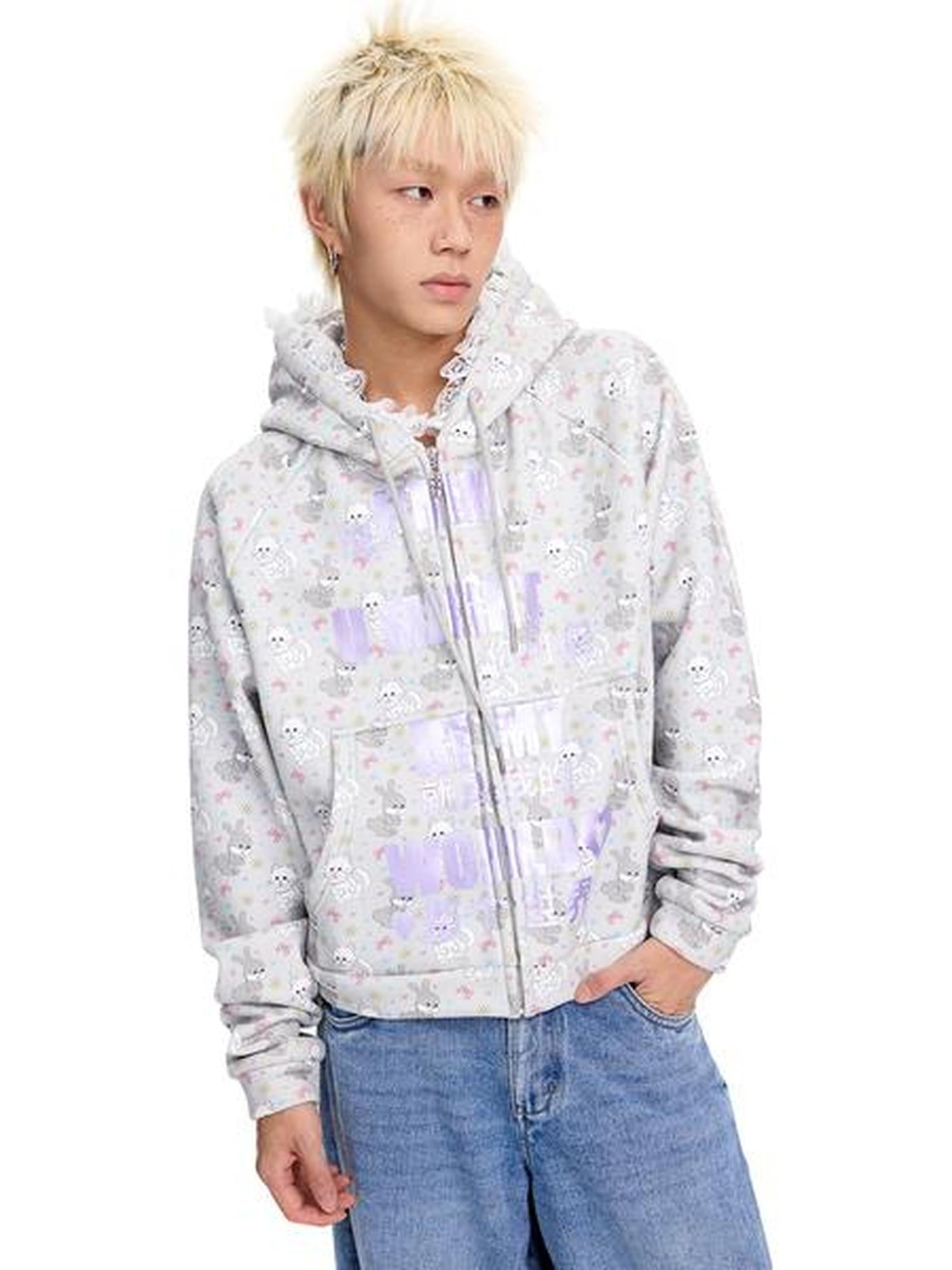 CFIERCE Soft Cotton Blend Hooded Cartoon Zip Oversized Streetwear Unisex Teen Cardigan