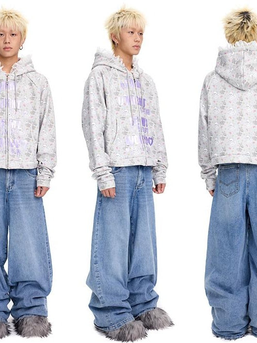 CFIERCE Soft Cotton Blend Hooded Cartoon Zip Oversized Streetwear Unisex Teen Cardigan