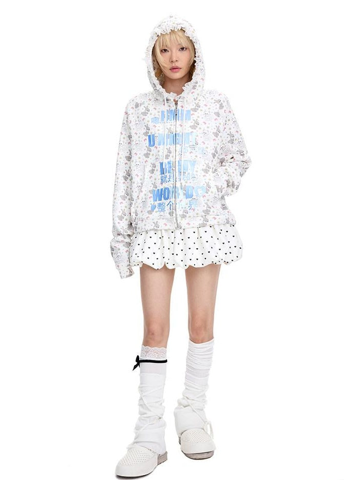 CFIERCE Soft Cotton Blend Hooded Cartoon Zip Oversized Streetwear Unisex Teen Cardigan