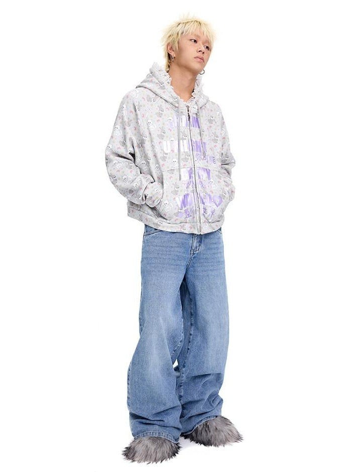 CFIERCE Soft Cotton Blend Hooded Cartoon Zip Oversized Streetwear Unisex Teen Cardigan
