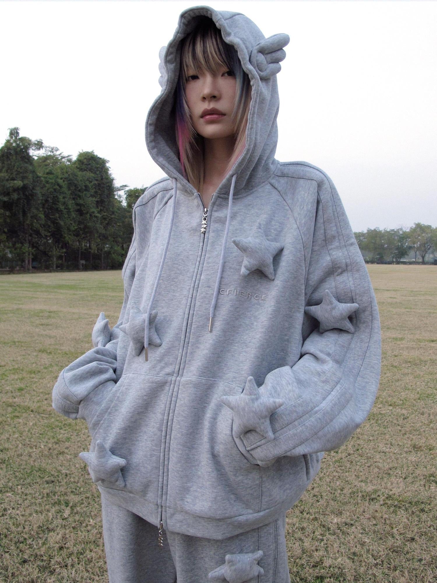 CFIERCE Soft Cotton Blend Loose Fit Star Print Zip Unisex Student Casual Gray Hoodie