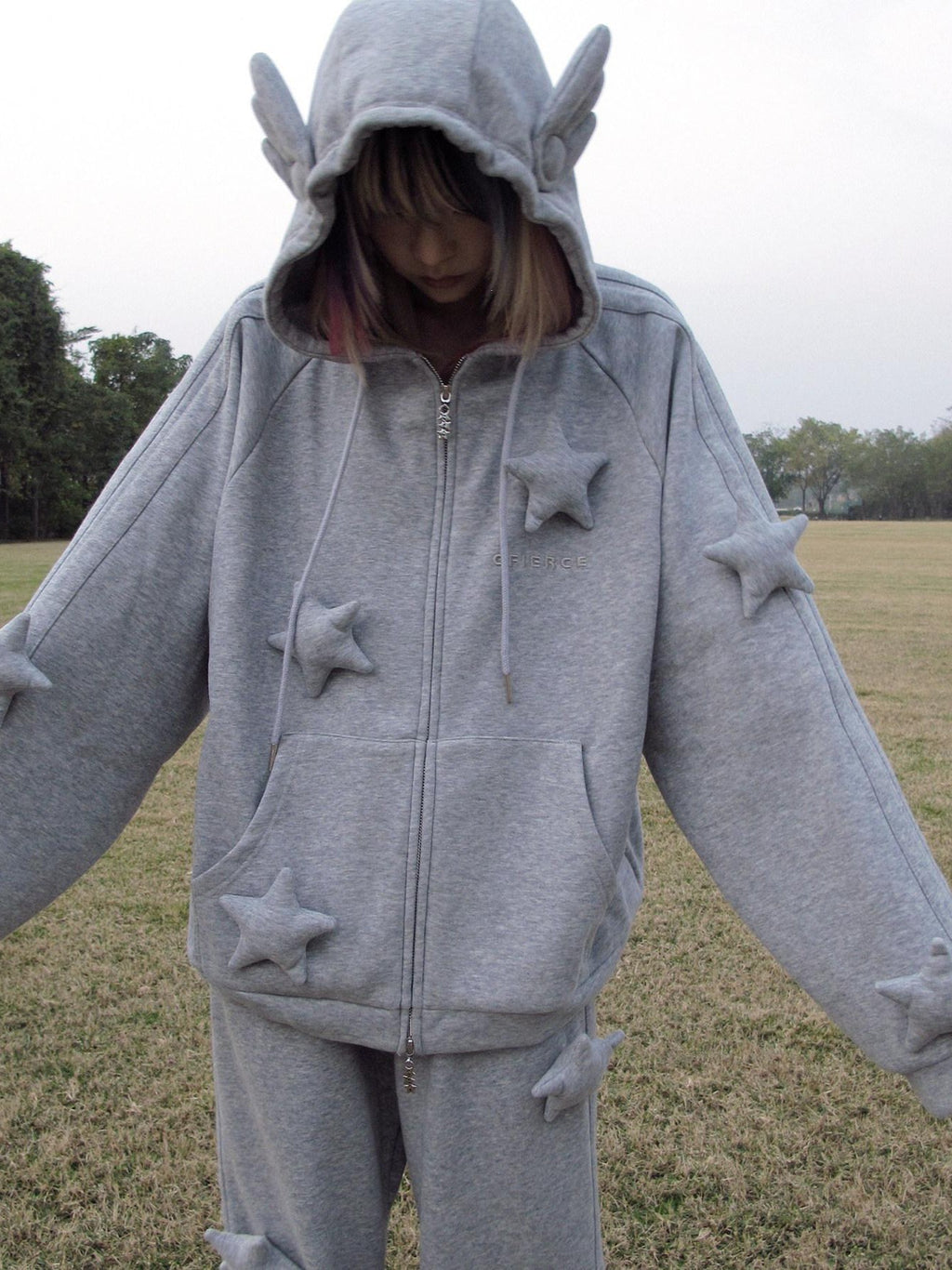CFIERCE Soft Cotton Blend Loose Fit Star Print Zip Unisex Student Casual Gray Hoodie