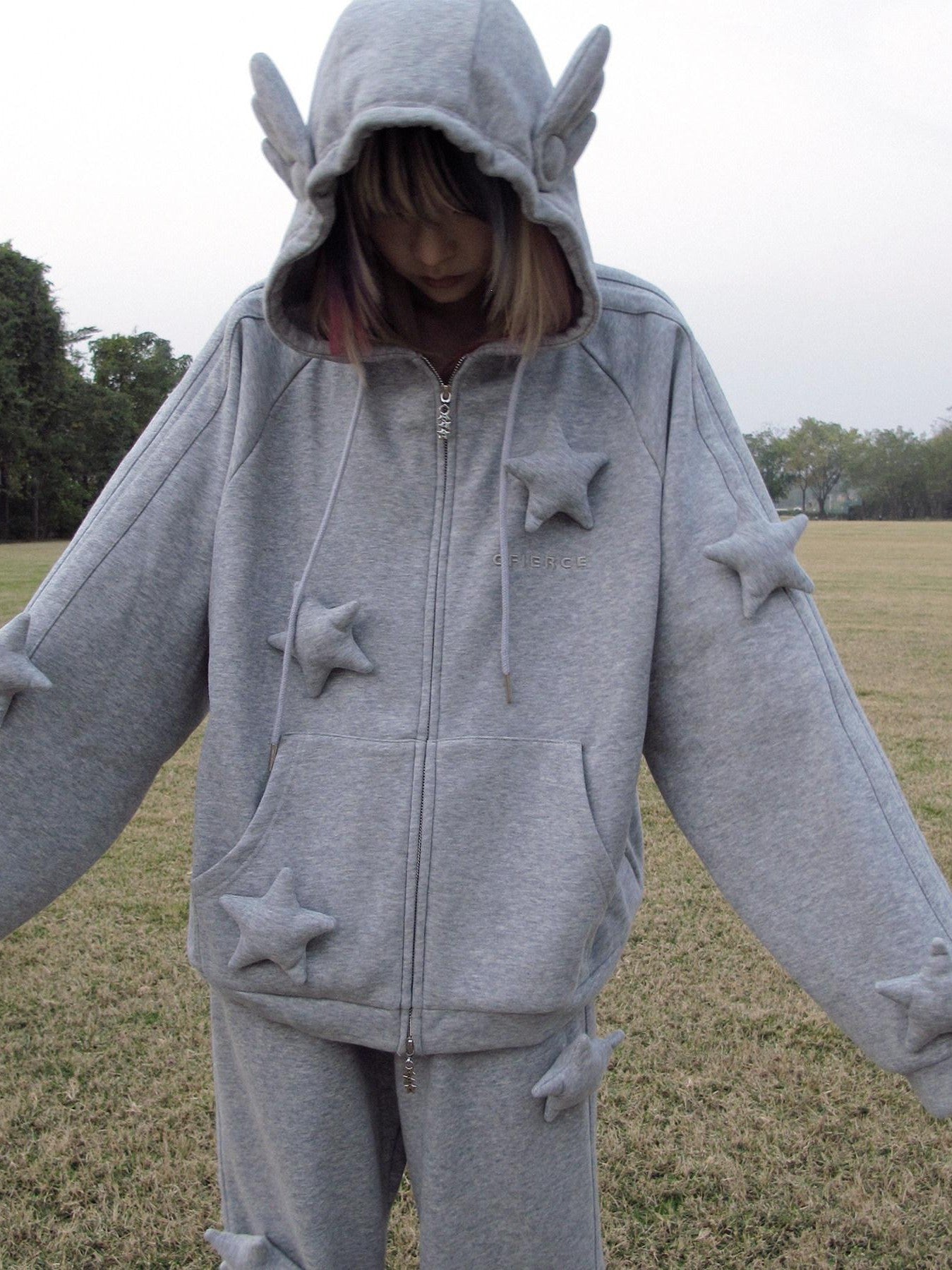 CFIERCE Soft Cotton Blend Loose Fit Star Print Zip Unisex Student Casual Gray Hoodie