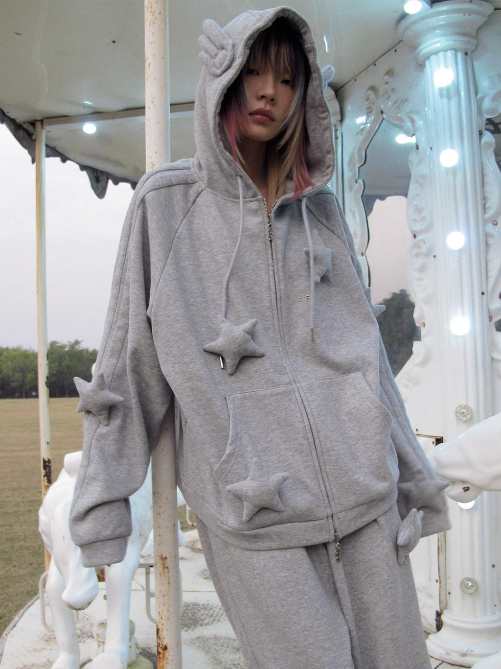CFIERCE Soft Cotton Blend Loose Fit Star Print Zip Unisex Student Casual Gray Hoodie