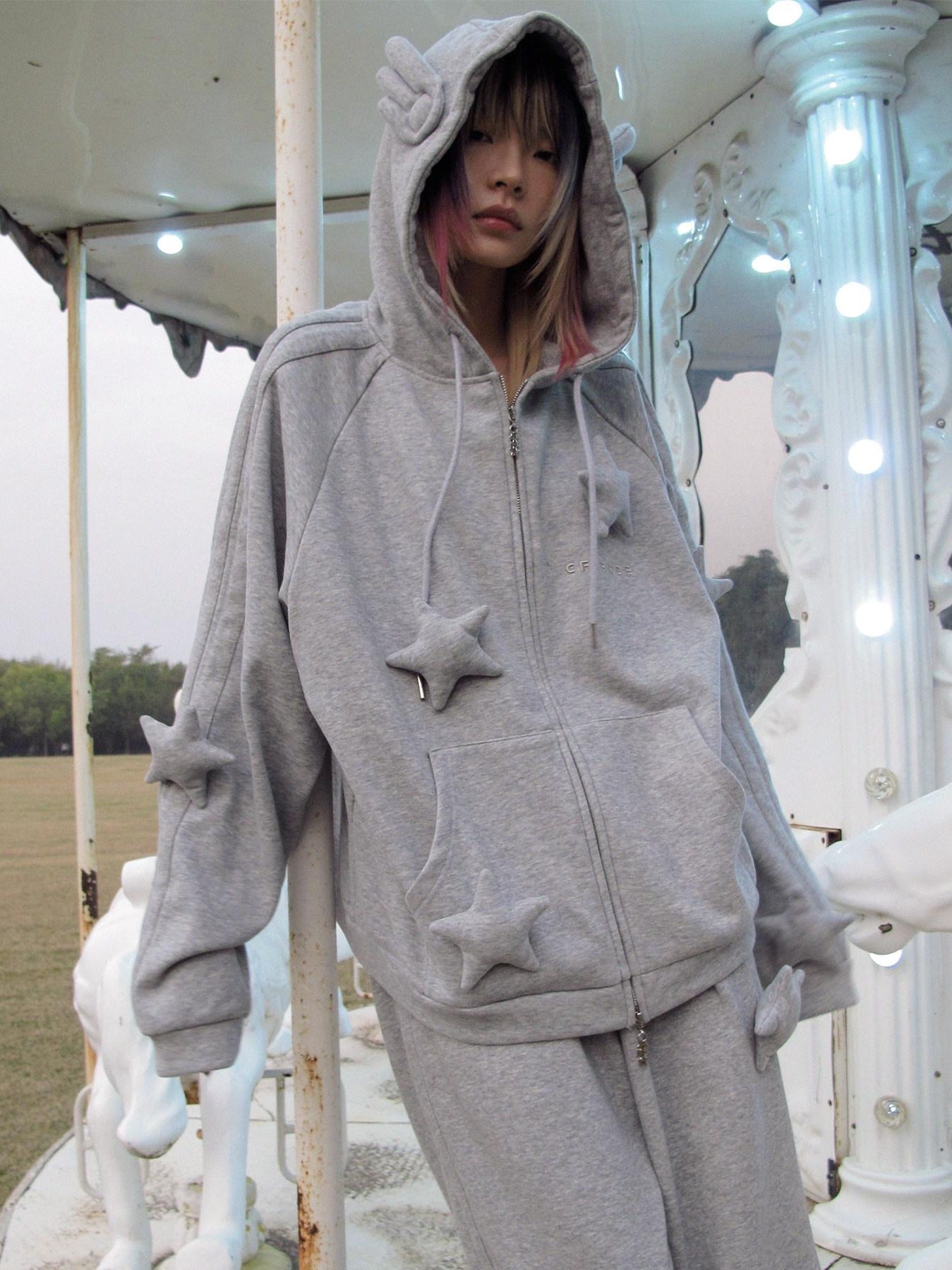CFIERCE Soft Cotton Blend Loose Fit Star Print Zip Unisex Student Casual Gray Hoodie