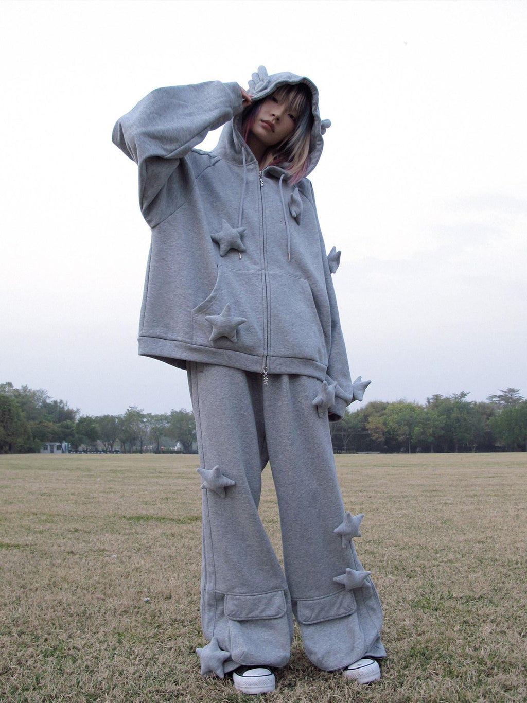 CFIERCE Soft Cotton Blend Loose Fit Star Print Zip Unisex Student Casual Gray Hoodie